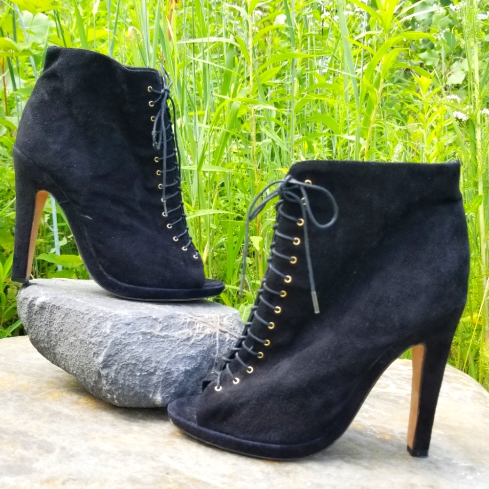 Black Magic Lace Up Peep Toe Stiletto Booties 9
